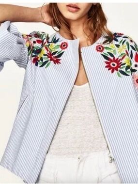 Zara Terez Light Blue Striped Bomber Jacket with Multicolor Floral Embroidery